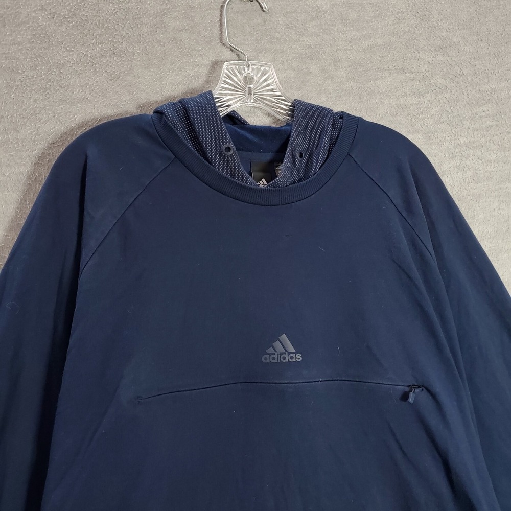 Adidas Men Sweatshirt 2XL Blue Hoodie Logo Zip Pocket 3 Stripe Pullover READ - Picture 3 of 10